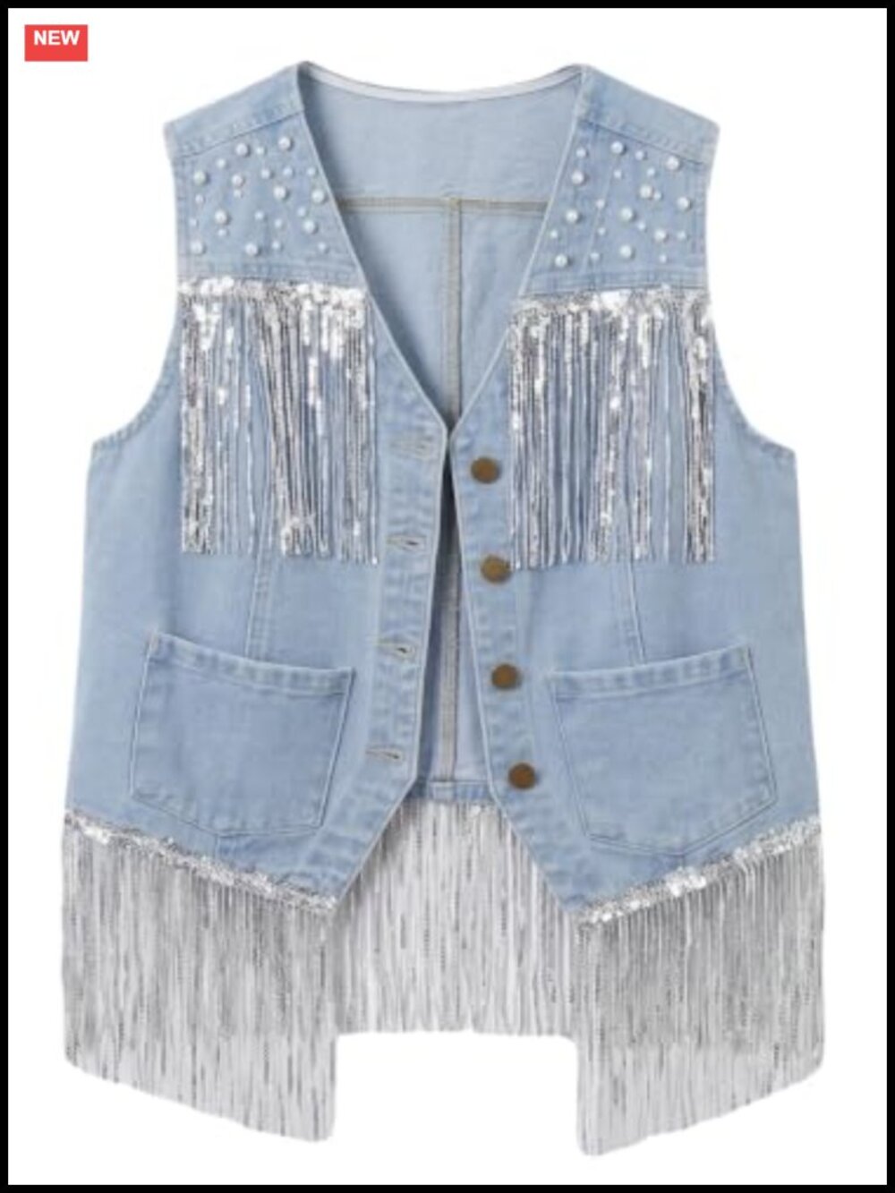 Denim Fringe Vest Top Women Western Cowgirl Pearl Cropped Jean Vest